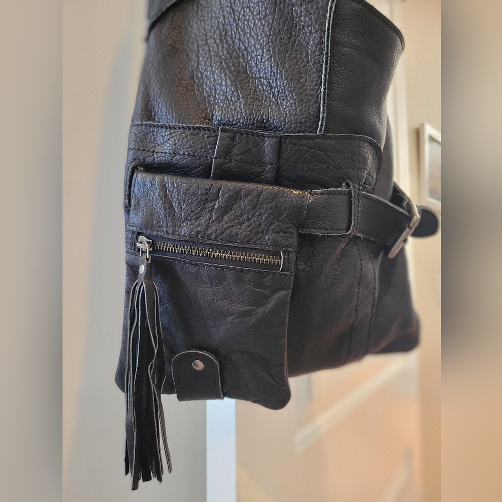Vintage Fringe Hippie Crossbody Distressed Black Leather Bag